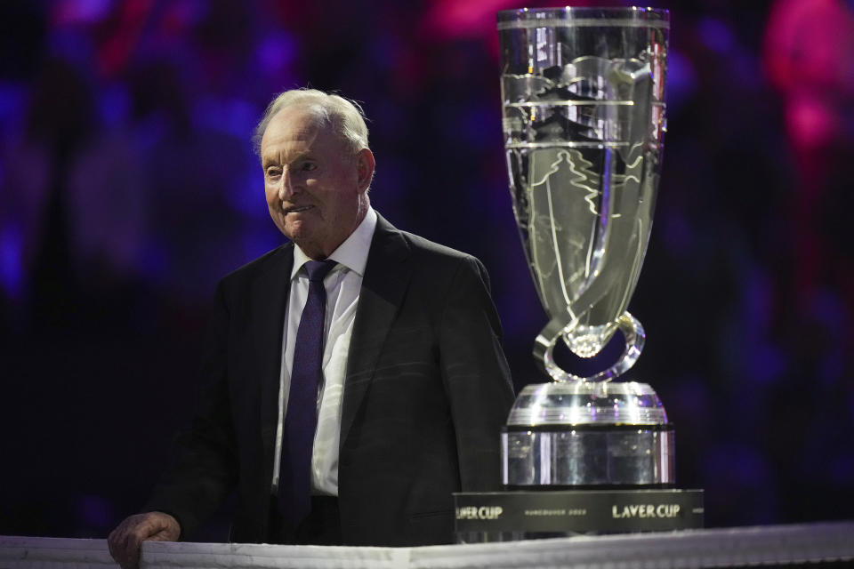 Former tennis player Rod Laver stands with the trophy before the Laver Cup tennis competition Friday, Sept. 22, 2023, in Vancouver, British Columbia. (Darryl Dyck/The Canadian Press via AP)