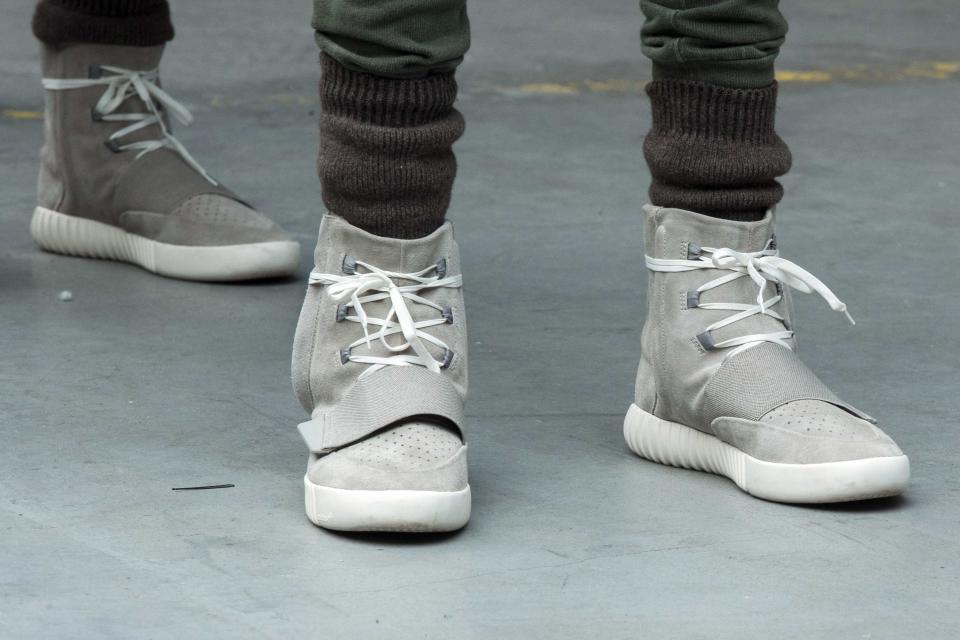 Kanye West’s Yeezy Boost 750 shoes at an Adidas fashion show in New York. (Reuters)