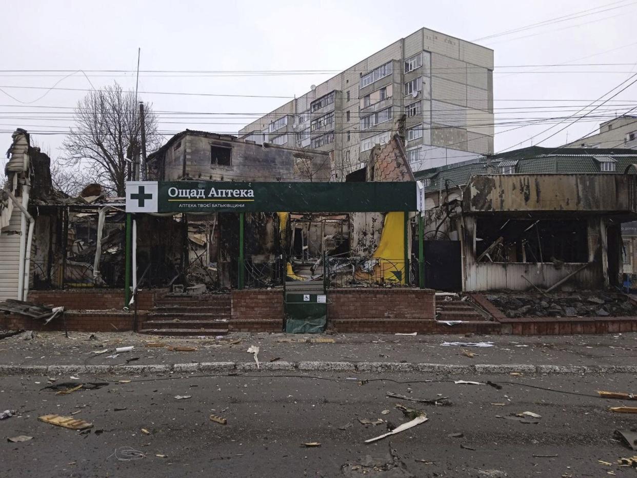 A view of heavy damage in the residential area of Borodyanka, on the outskirts of Kyiv, Ukraine, Thursday, March 3, 2022. following a Russian strike.