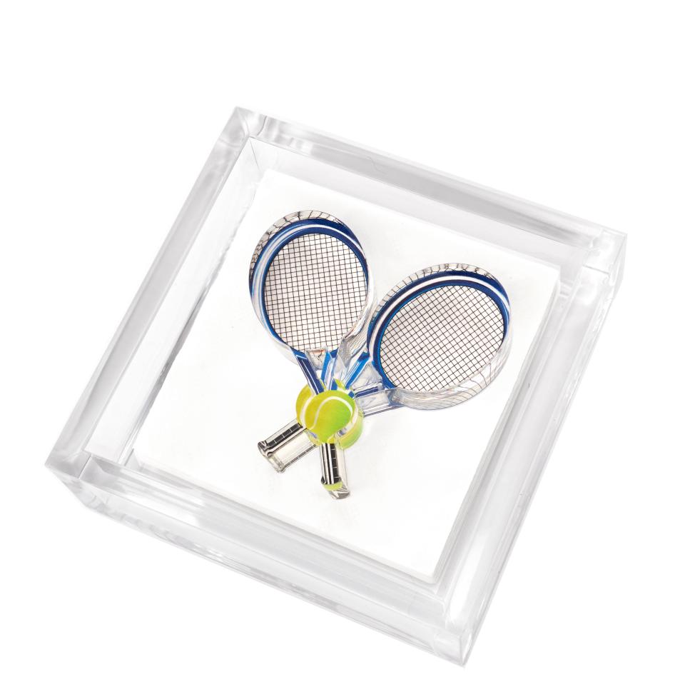 <p><a href="https://tarawilsondesigns.com/products/cocktail-napkin-holder-tennis-racquets" rel="nofollow noopener" target="_blank" data-ylk="slk:Shop Now;elm:context_link;itc:0;sec:content-canvas" class="link ">Shop Now</a></p><p>Cocktail Napkin Holder</p><p>Tara Wilson Designs</p><p>$90.00</p><span class="copyright">Courtesy of Tara Wilson Designs</span>