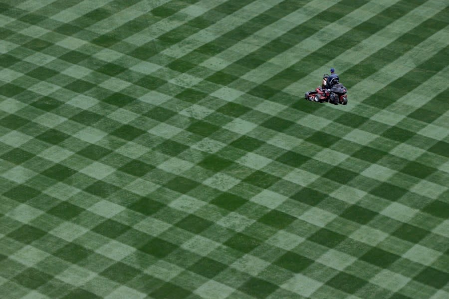 A grounds crew member uses a lawn mower to make patterns on the field before a baseball game between the Los Angeles Dodgers and the Colorado Rockies, Friday, April 17, 2015, in Los Angeles. (AP Photo/Jae C. Hong)