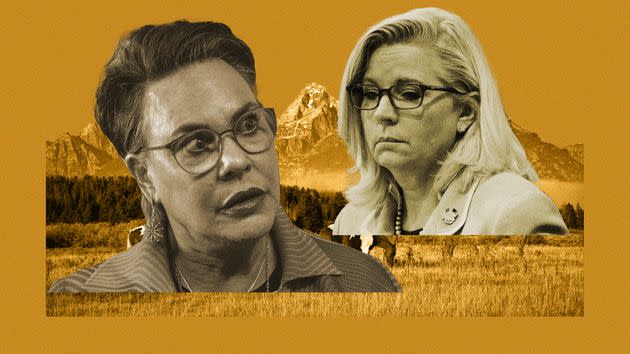 Wyoming attorney Harriet Hageman, left, is looking to oust incumbent Rep. Liz Cheney (R-Wyo.). The primary election is Aug. 16 and polling shows Hageman with a commanding lead. (Photo: Illustration: Chris McGonigal/HuffPost; Photos: Getty Images)