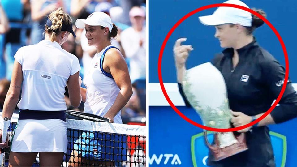 Ash Barty (pictured left) embracing Jill Teichmann after her win at the Cincinnati Open and (pictured right) gesturing to her team to come celebrate with her.