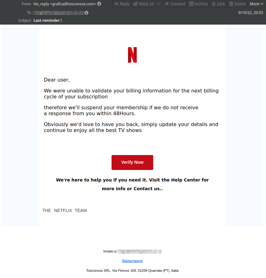 Netflix email phishing scam.