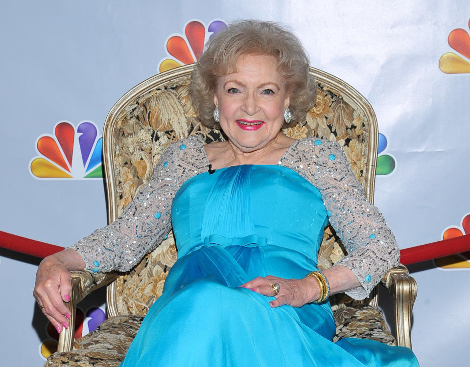 FILE - In this Jan. 8, 2012 file photo, actress Betty White is shown prior to the taping of "Betty White's 90th Birthday: A Tribute To America's Golden Girl" in Los Angeles. White's new, "Betty White's Off Their Rockers," a hidden camera show premieres April 4, at 8 p.m. on NBC. (AP Photo/Vince Bucci, file)