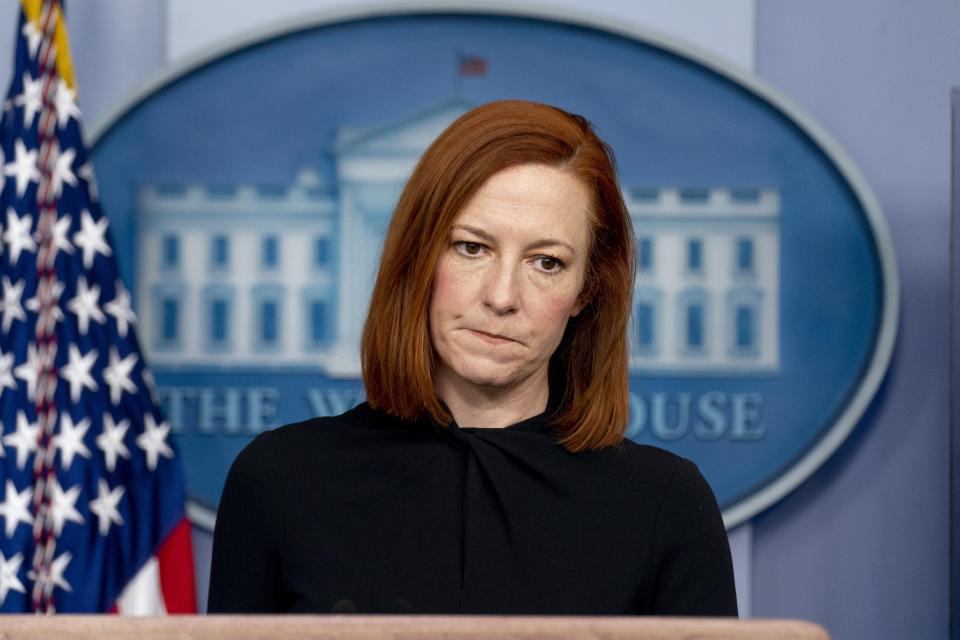 White House press secretary Jen Psaki takes a question from a reporter during a press briefing at the White House, Monday, March 1, 2021, in Washington. (AP Photo/Andrew Harnik)