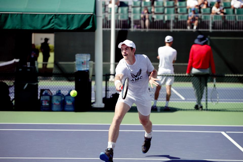 Andy Murray practices at the Indian Wells Tennis Garden during the BNP Paribas Open in Indian Wells, Calif., on October 5, 2021.