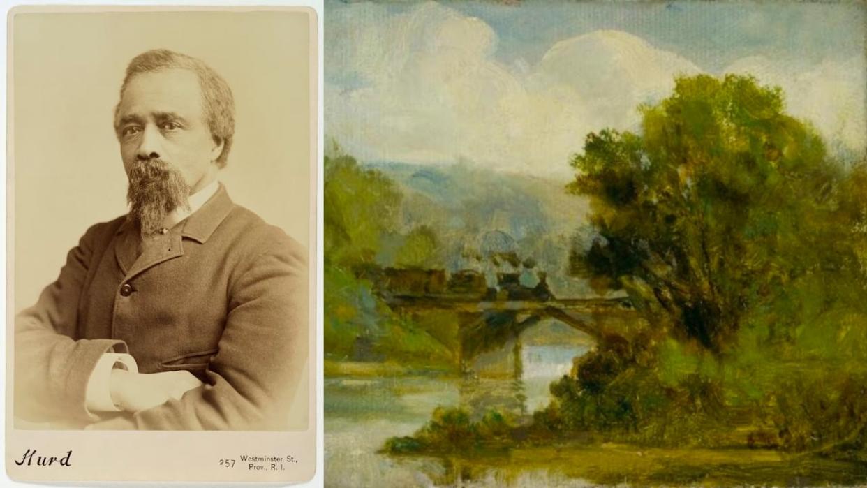 A portrait of Edward Mitchell Bannister, left. A painting by Bannister, right.  (Gustine Hurd/Wikimedia/Studio 112/Northwood Entertainment/Ugly Duck Productions - image credit)