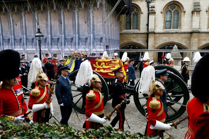 The coffin of Queen Elizabeth II with the Imperial State Crown resting on top proceeds towards Westminster Abbey on September 19, 2022 in London, England. Elizabeth Alexandra Mary Windsor was born in Bruton Street, Mayfair, London on 21 April 1926. She married Prince Philip in 1947 and ascended the throne of the United Kingdom and Commonwealth on 6 February 1952 after the death of her Father, King George VI. Queen Elizabeth II died at Balmoral Castle in Scotland on September 8, 2022, and is succeeded by her eldest son, King Charles III.