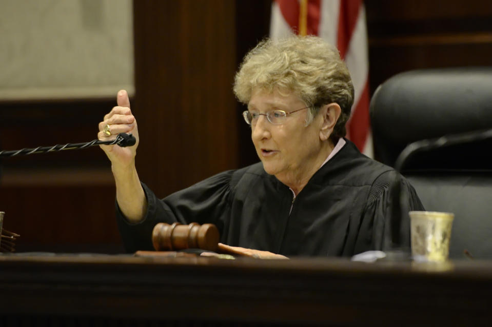 FILE - Then South Carolina Chief Justice Jean Toal speaks during a court proceeding, June 23, 2014. The former Justice plans to hold an evidentiary hearing late January 2024, in Alex Murdaugh's appeal for a new murder trial. (AP Photo/ Richard Shiro, File)