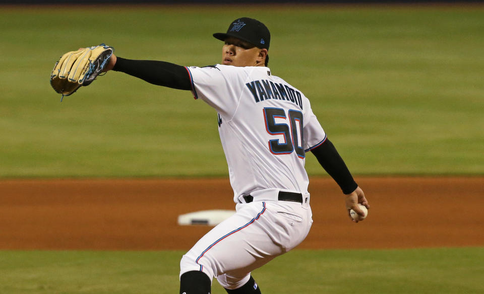 Miami Marlins pitcher Jordan Yamamoto works during the fourth inning against the St. Louis Cardinals at Marlins Park in Miami on Wednesday, June 12, 2019. The Marlins won, 9-0. (David Santiago/Miami Herald/TNS via Getty Images)