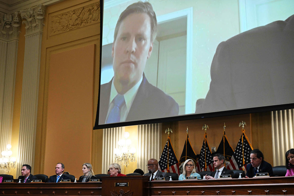 Image: Former Trump campaign manager Bill Stepien, is displayed on a screen during a hearing by the Select Committee to Investigate the January 6th Attack on the Capitol on June 13, 2022 in Washington. (Mandel Ngan / AFP - Getty Images)
