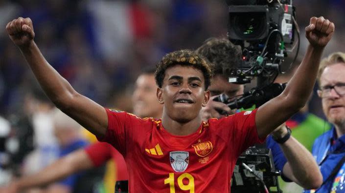 Lamine Yamal celebrates Spain's victory over France