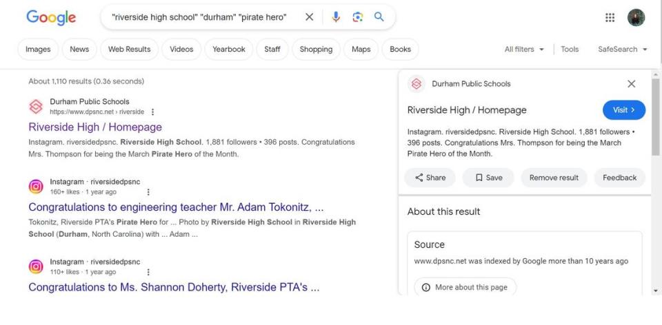 A screenshot of a Google search shows math teacher Kayla Thompson was recognized on the Riverside High School website for winning the Pirate Hero of the Month award in March. However, the announcement no longer appears on the district website.