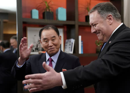 FILE PHOTO: U.S. Secretary of State Mike Pompeo stands with Vice Chairman of the North Korean Workers' Party Committee Kim Yong Chol, North Korea's lead negotiator in nuclear diplomacy with the United States, for talks aimed at clearing the way for a second U.S.-North Korea summit as they meet at a hotel in Washington, U.S., January 18, 2019. REUTERS/Joshua Roberts/File Photo