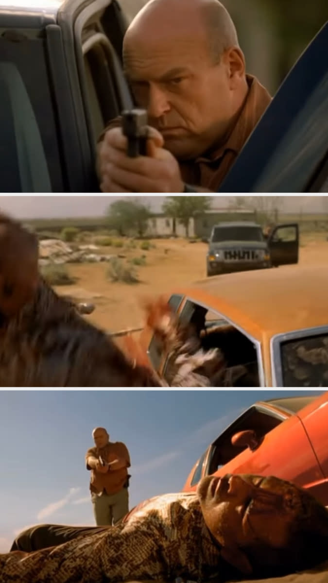 Three-panel collage from "Breaking Bad" with Hank Schrader in a stand-off, firing a gun, and taking cover behind a vehicle