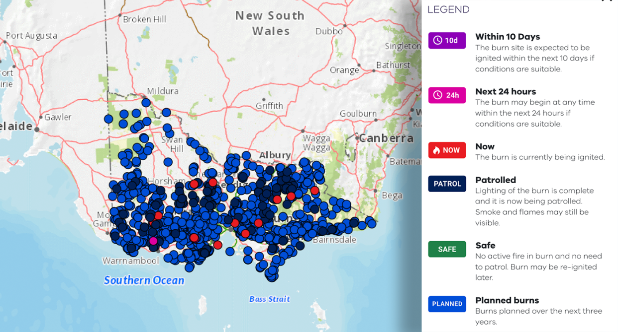 On a map of Victoria, blue dots indicate planned burns for the next three years.