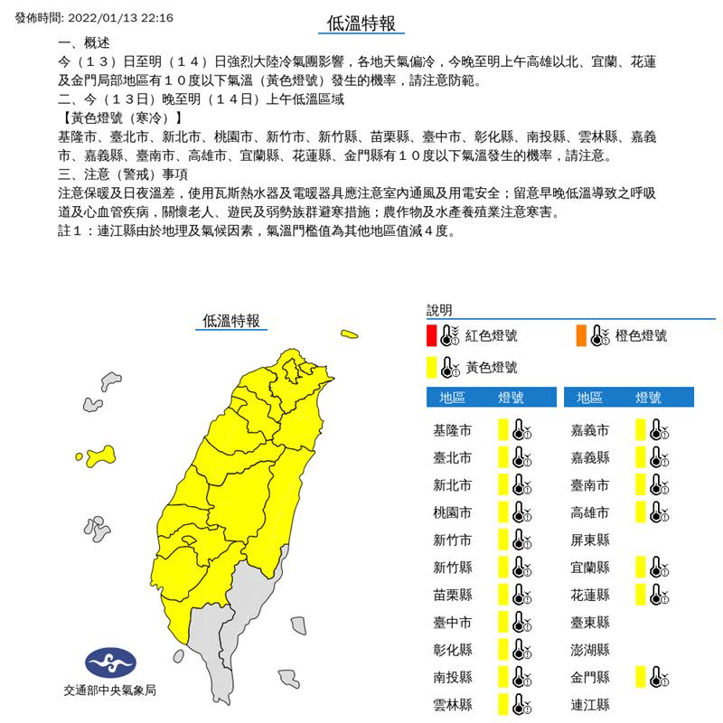 全台18縣市低溫特報。（圖／中央氣象局）