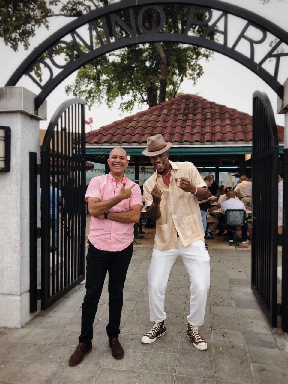 Jimmy Butler took a tour of Little Havana on April 9 before the 76ers’ game against the Heat in Miami. Little Havana community representative Marvin Tapia (left) gave Butler the tour. Courtesy of Marvin Tapia (@mrmiamimarvin on Instagram)