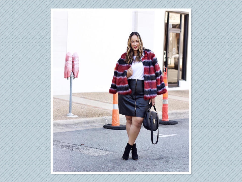 <p>Try out a color-block fur — like this one worn by <a rel="nofollow noopener" href="https://www.instagram.com/p/BZuBFT-lWLe/?hl=en&taken-by=iambeauticurve" target="_blank" data-ylk="slk:Rochelle Johnson;elm:context_link;itc:0;sec:content-canvas" class="link ">Rochelle Johnson</a> — and pair it with everything from skinny jeans and booties to a miniskirt combo. (Photo: Rochelle Johnson) </p>