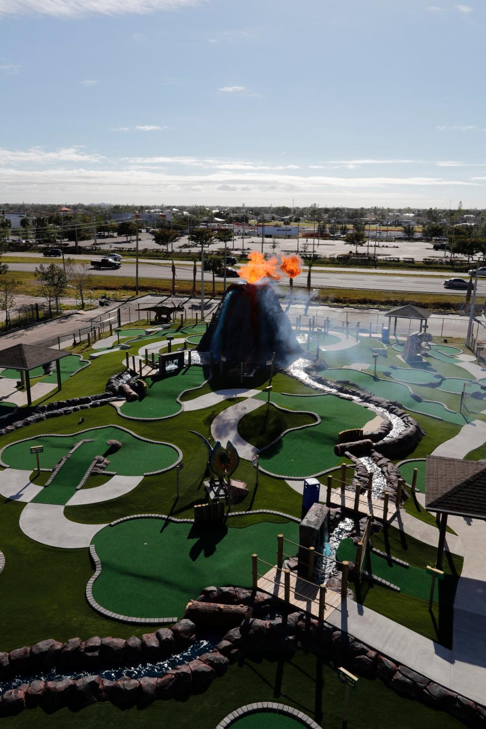 Cape CoralÕs Gator MikeÕs Family Fun Park opened Dinosaur Falls Mini Golf, an Orlando-style tourist attraction on Dec. 29, 2022. It features 19 holes of golf; nine moving, roaring animatronic dinosaurs; three waterfalls; and a 30-foot ÒvolcanoÓ spewing fireballs into the sky. 