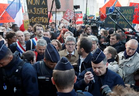 Jean-Luc Melenchon, leader of France Insoumise arrives for his trial at the courthouse in Bobigny