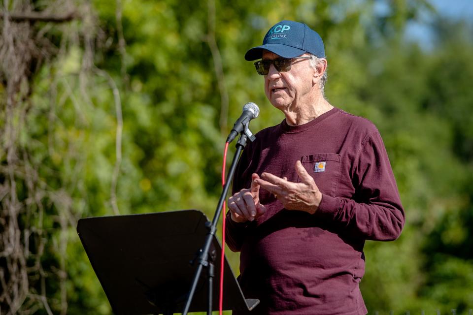 Bob Cragnolin speaks about his wife, Karen, during the dedication of the Karen Cragnolin Park August 25, 2023.