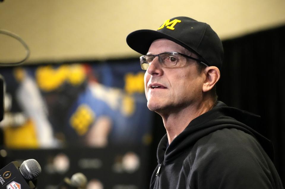 Michigan Wolverines head coach Jim Harbaugh speaks to the press during Vrbo Fiesta Bowl media day at Camelback Inn in Scottsdale on Dec. 29, 2022.