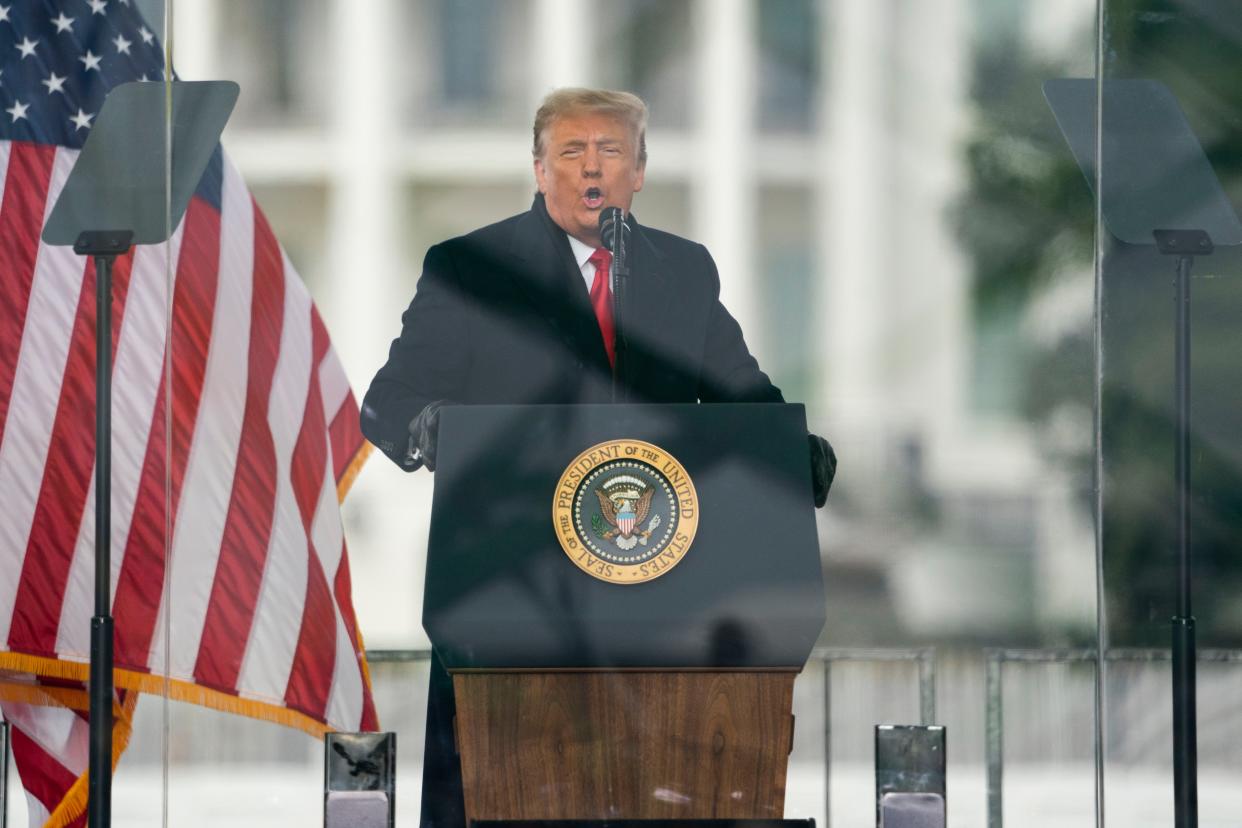 Then-President Donald Trump speaks during a rally protesting the electoral college certification of Joe Biden as President in Washington, D.C. on Jan. 6, 2021. 