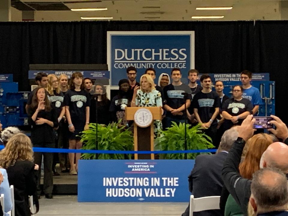 First lady Jill Biden addresses the crowd gathered at Dutchess Community College Friday, Oct. 6, 2023. The first lady helped mark the opening of the new mechatronics lab at the Fishkill campus.