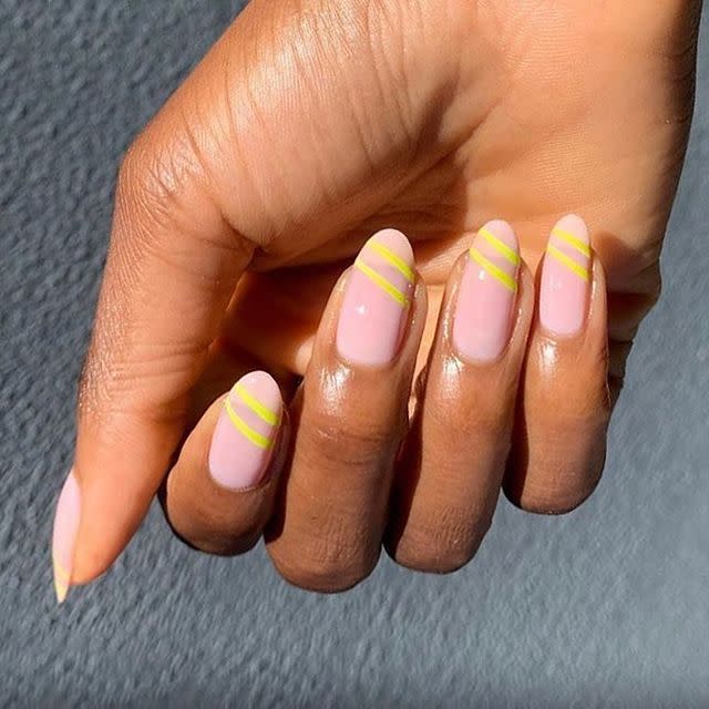 <p>We love the contrast of the subtle natural pink and these neon yellow stripes. </p><p><a href="https://www.instagram.com/p/CAbm6rsJbXv/" rel="nofollow noopener" target="_blank" data-ylk="slk:See the original post on Instagram;elm:context_link;itc:0;sec:content-canvas" class="link ">See the original post on Instagram</a></p>