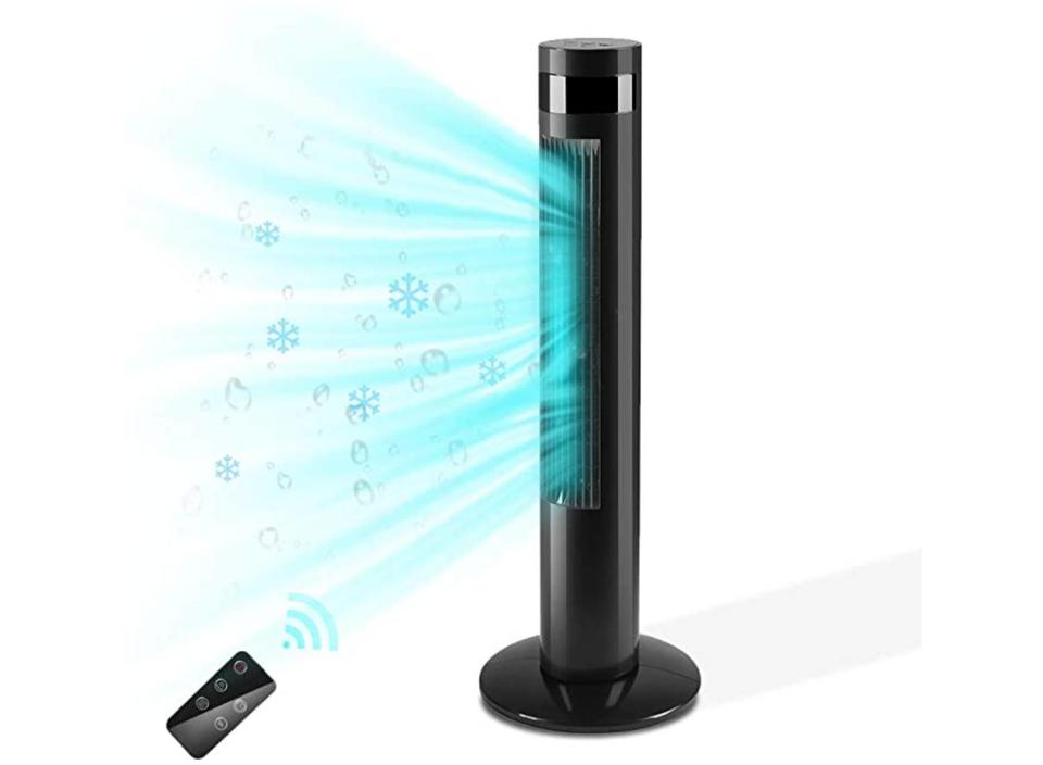 This tower fan begins oscillating with just the click of a button on the remote. (Source: Amazon)