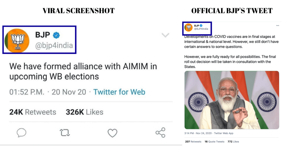 Left: Viral screenshot. Right: Tweet shared by official handle of BJP.