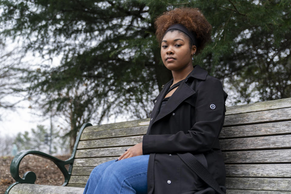 Kaniya Harris, a senior at American University, poses for a portrait at the university's campus in Washington, Monday, Feb. 12, 2024. Abortion rights advocates are trying to get initiatives to protect reproductive on the ballot in several states this year, and one major difference has emerged in their proposed language — whether to include mental health as an exception. (AP Photo/Stephanie Scarbrough)