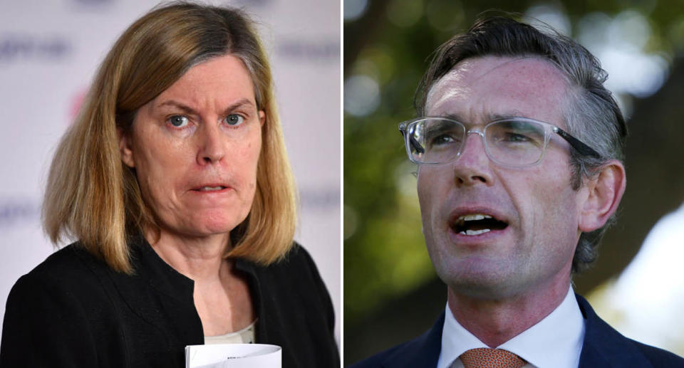 NSW Chief Health Officer Dr Kerry Chant is pictured. Also pictured is NSW Premier Dominic Perrottet.