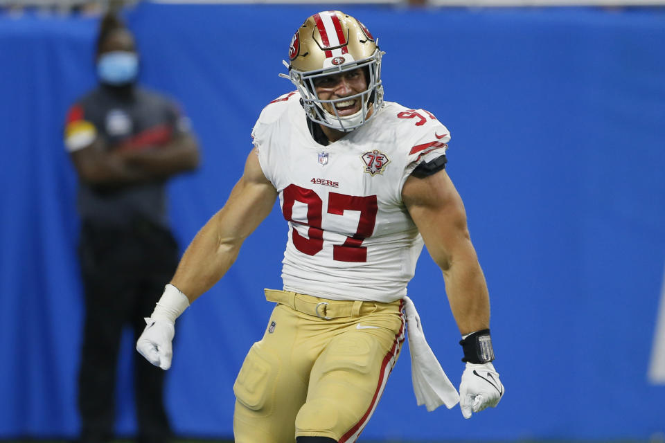 San Francisco 49ers defensive end Nick Bosa (97) reacts to a play against the Detroit Lions in the second half of an NFL football game in Detroit, Sunday, Sept. 12, 2021. (AP Photo/Duane Burleson)