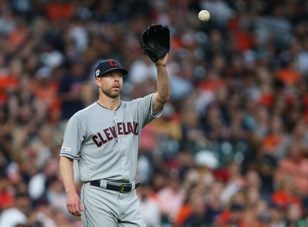 Apr 26, 2019; Houston, TX, USA; Cleveland Indians starting pitcher Corey Kluber (28) reacts after a play during the second inning against the Houston Astros at Minute Maid Park. Mandatory Credit: Troy Taormina-USA TODAY Sports