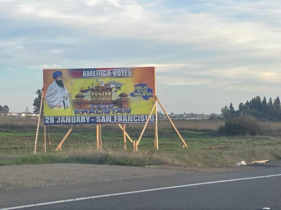 A billboard promoting the Khalistan referendum on Bradshaw Road in unincorporated Sacramento County. The billboard is about a half-mile from the Sacramento Sikh Society, the site of an explosion Tuesday, Jan. 29, 2024, which some initially feared was connected to tensions over Sikh separatism.