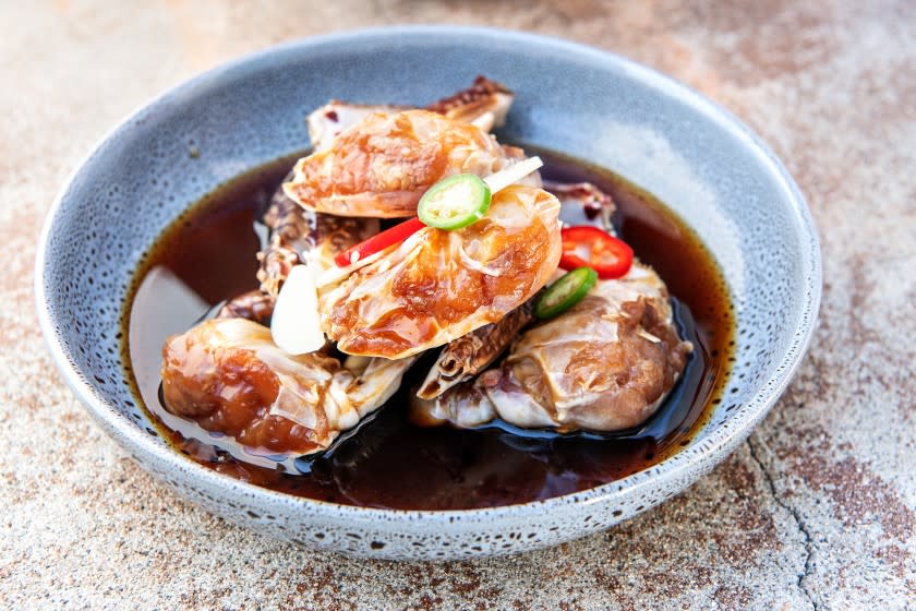 SANTA MONICA, CA - APRIL 20: Soy marinated crab from SonSoo outside Cafe Lucy on Tuesday, April 20, 2021 in Santa Monica, CA. (Mariah Tauger / Los Angeles Times)