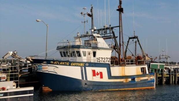 The Atlantic Sapphire, seen here at port in Meteghan, N.S., was trawling for haddock when it sank in 2018. All crew members were rescued without injury. (Steven Kennedy/marinetraffic.com - image credit)