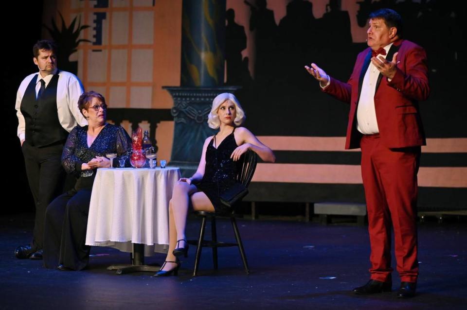 From left to right: Tim Hinojosa (performing the role of Trent Oliver), Cindy Sams (Dee Dee Allen), Cassidy Hall (Angie Dickinson) and Chris Hendly (Barry Glickman) rehearse a scene from “The Prom” during dress rehearsal on Monday, July 8, 2024, at Macon Little Theatre in Macon, Georgia. “The Prom” runs from Friday, July 12 to Sunday, July 21 and concludes Macon Little Theatre’s 90th season.