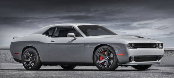 A gray 2018 Dodge Challenger SRT Hellcat, a large two-door coupe.