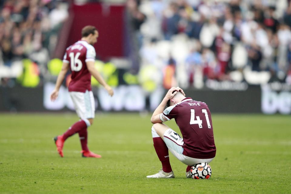 West Ham's Declan Rice reacts after the English Premier League soccer match between West Ham United and Manchester United at the London Stadium in London, England, Sunday, Sept. 19, 2021. Manchester United won 2-1. (AP Photo/Ian Walton)