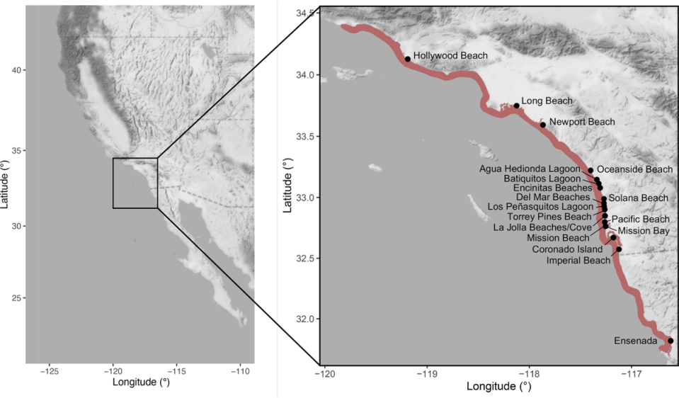 This map shows the 2020 red tide extent (in red shading) along Southern California and northern Baja California, Mexico, with black dots marking reported fish and invertebrate mortality sites.<p>Courtesy of UCSD</p>