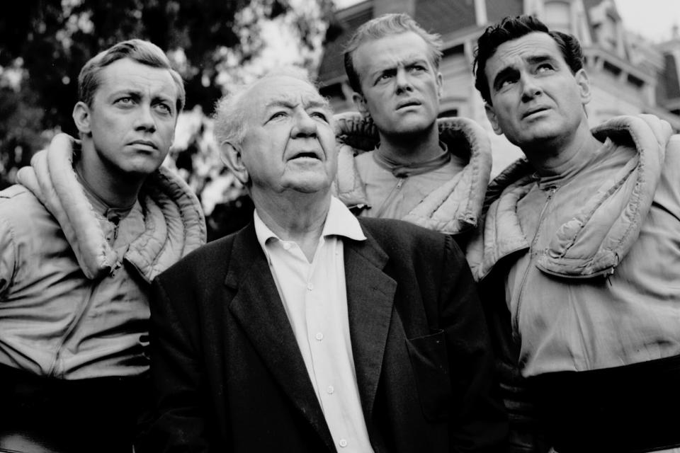 (Left to right) American actor Don Dubbins (1928 - 1991), South African-born actor Cecil Kellaway (1893 - 1973), American actor Kevin Hagen (1928 - 2005), and American actor Jeff Morrow (1907 - 1993), appear in an episode of the CBS anthology series 'The Twilight Zone' entitled 'Elegy,' California, October 27, 1959. This episode, which featured the three Americans as astronauts who land on an asteroid full of humanoids, first aired on February 19, 1960. The series ran from 1959 to 1964. (Photo by CBS Photo Archive/Getty Images)