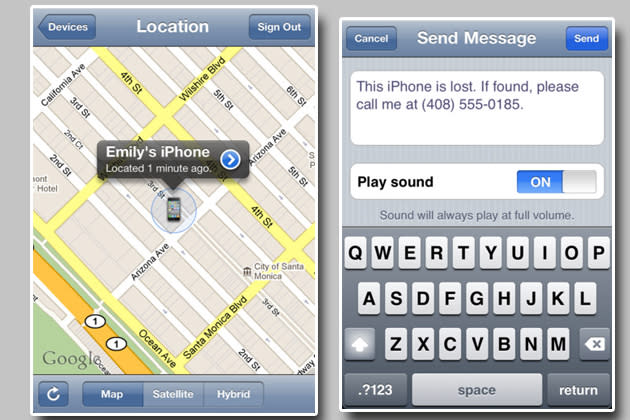 Auch Apple bietet mit „Find My iPhone“ eine Security-App an. Einmal installiert, kann man auch hier per Internet den Standort des iPhones herausfinden, und das Handy sperren. Außerdem lassen sich Daten löschen, die auf gar keinen Fall in fremde Hände geraten dürfen. Ehrlichen Findern kann man eine Nachricht mit Adressdaten hinterlassen. Dieben jagt man mit einem lauten Alarmton einen ordentlichen Schrecken ein. Das Signal lässt sich nicht über das Smartphone abschalten. Ungewollte Aufmerksamkeit ist den Langfingern damit gewiss. (Bilder: Apple.com)
