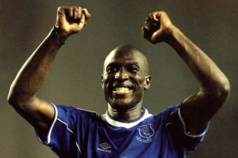 27 Sep 1999:  Kevin Campbell of Everton celebrates victory after the FA Premier League match between Liverpool and Everton played at Anfiled, Liverpool, England. The Merseyside derby finished in a 1-0 win for visitors Everton. \ Mandatory Credit: MichaelSteele /Allsport