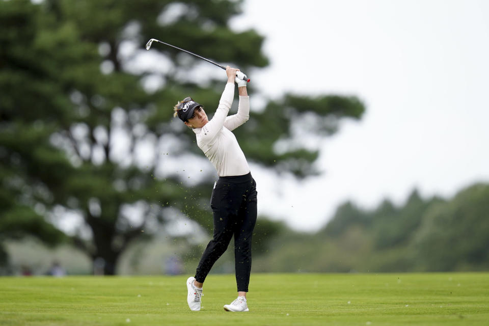 Mexico's Gaby Lopez on the 3rd fairway during day three of the 2023 AIG Women's Open at Walton Heath, Surrey, England, Saturday, Aug. 12, 2023. (John Walton/PA via AP)