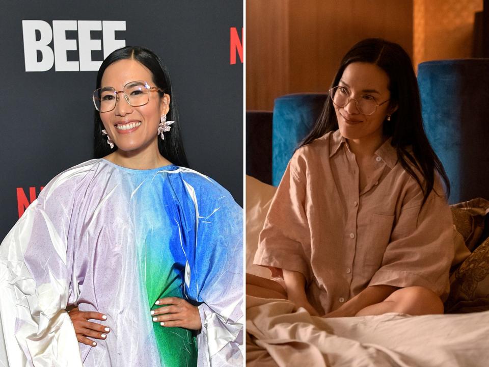 left: ali wong smiling at the beef premiere; right: ali wong as amy lau in beef, sitting on a bed and smiling