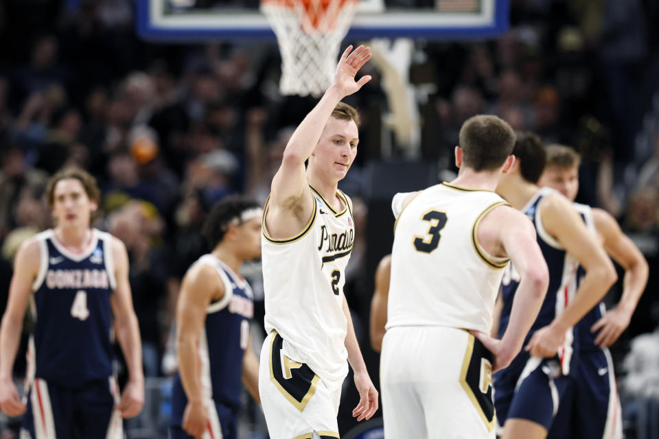 Purdue guard Fletcher Loyer (2) celebrates after the team's 80-68 win over Gonzaga in a Sweet 16 college basketball game in the NCAA Tournament, Friday, March 29, 2024, in Detroit. (AP Photo/Duane Burleson)